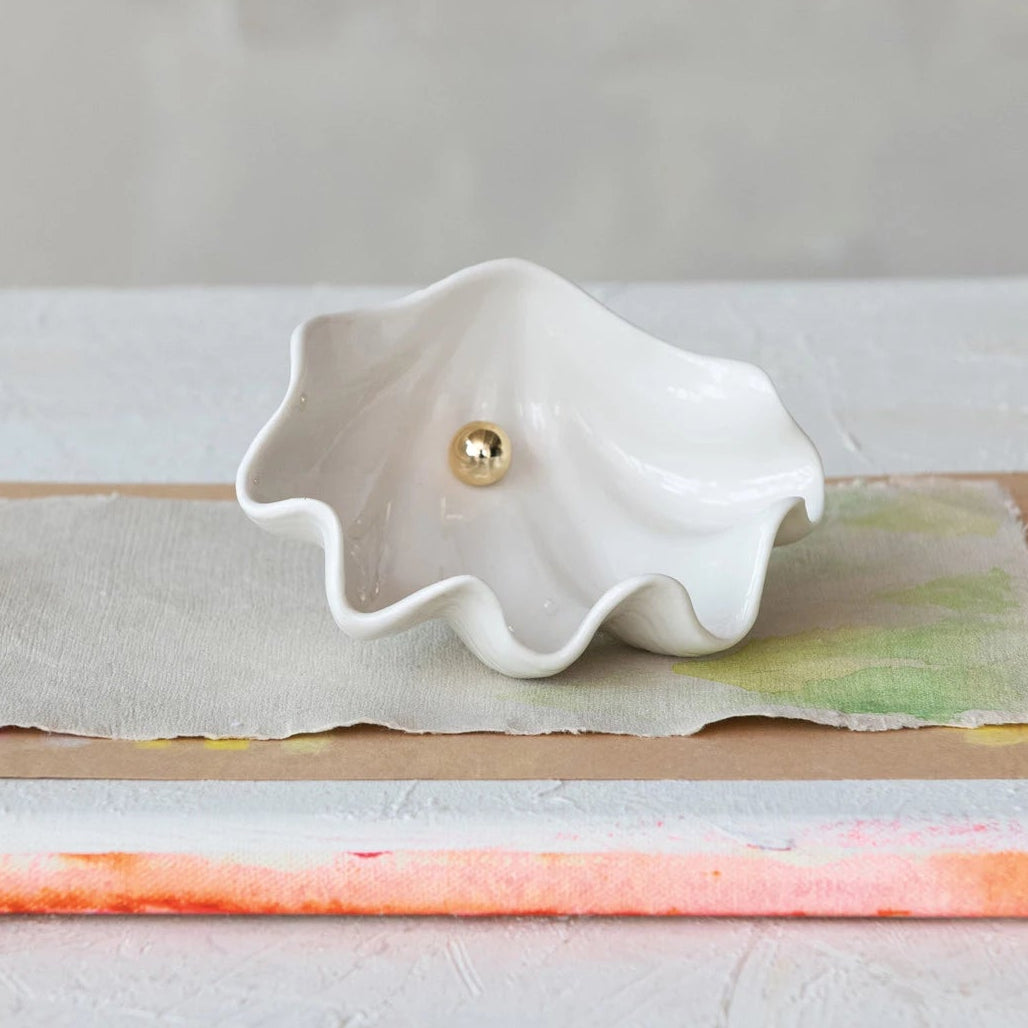 Stoneware Clam Shell Dish w/ Faux Pearl