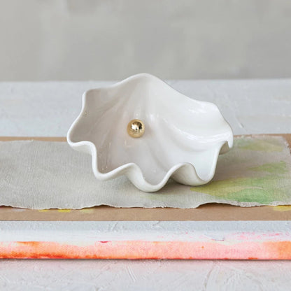 Stoneware Clam Shell Dish w/ Faux Pearl