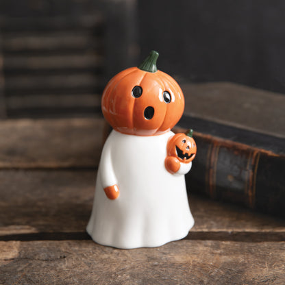 Surprised Pumpkin Ghost Figurine - Lights Up!