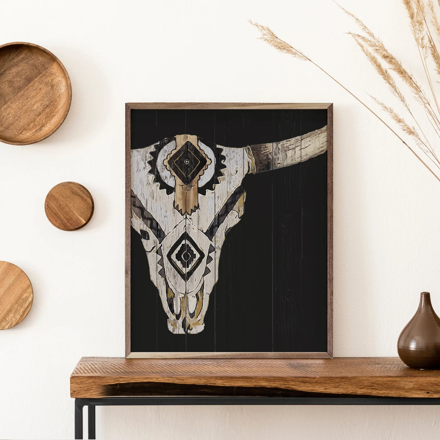 Tribal Longhorn Skull Wooden Art