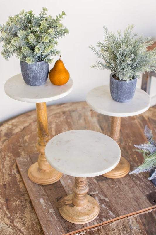 Set of 3 Wooden Display Stands with Marble Tops