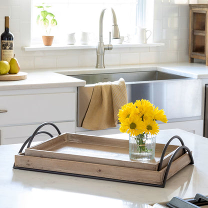 Wood Trays with Iron Handles, Set of 2
