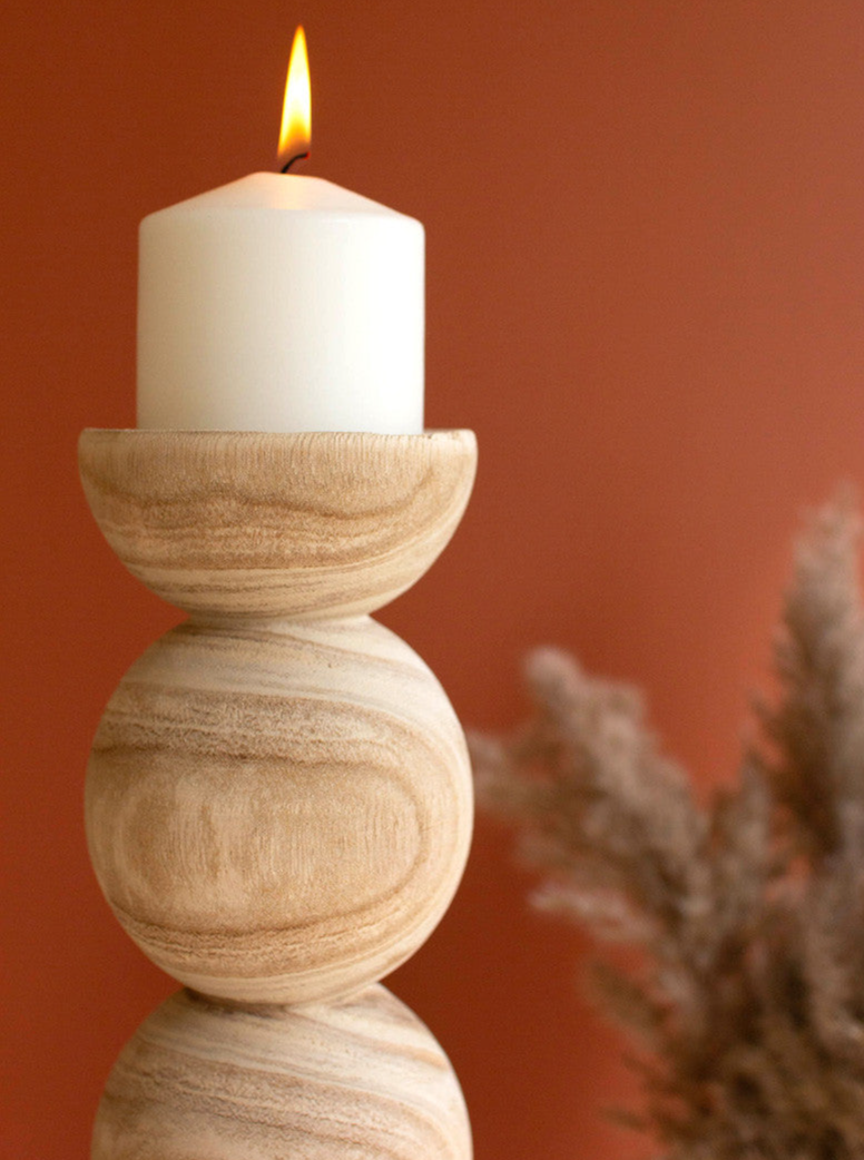 Hand-Carved Wooden Ball Candleholders - Set of 2