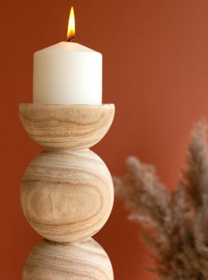 Hand-Carved Wooden Ball Candleholders - Set of 2