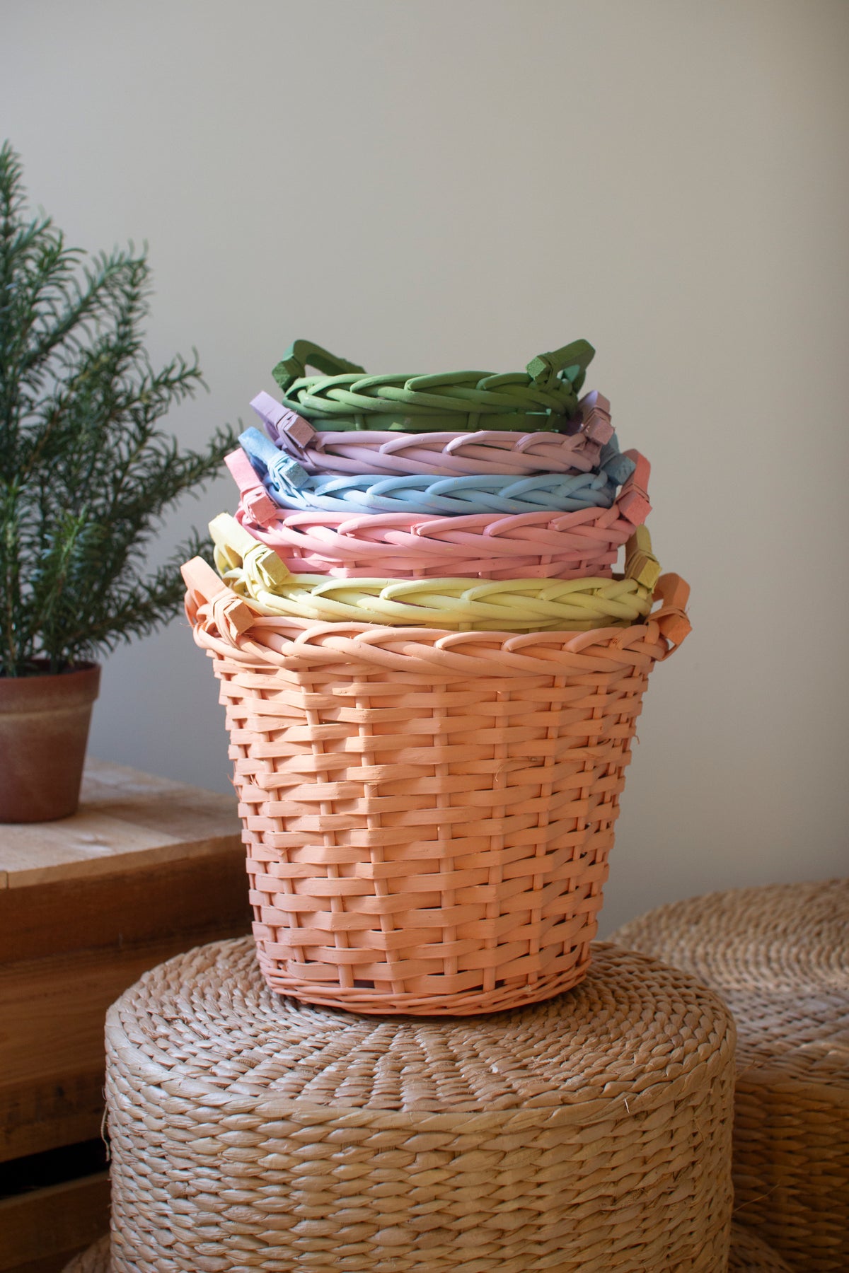 Set of 6 Multi-Color Willow Easter Baskets with Handles