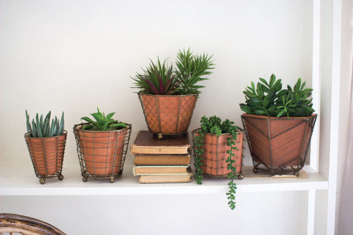 Set of Five Terracotta Planters W Wire Wrap & Brass Detail