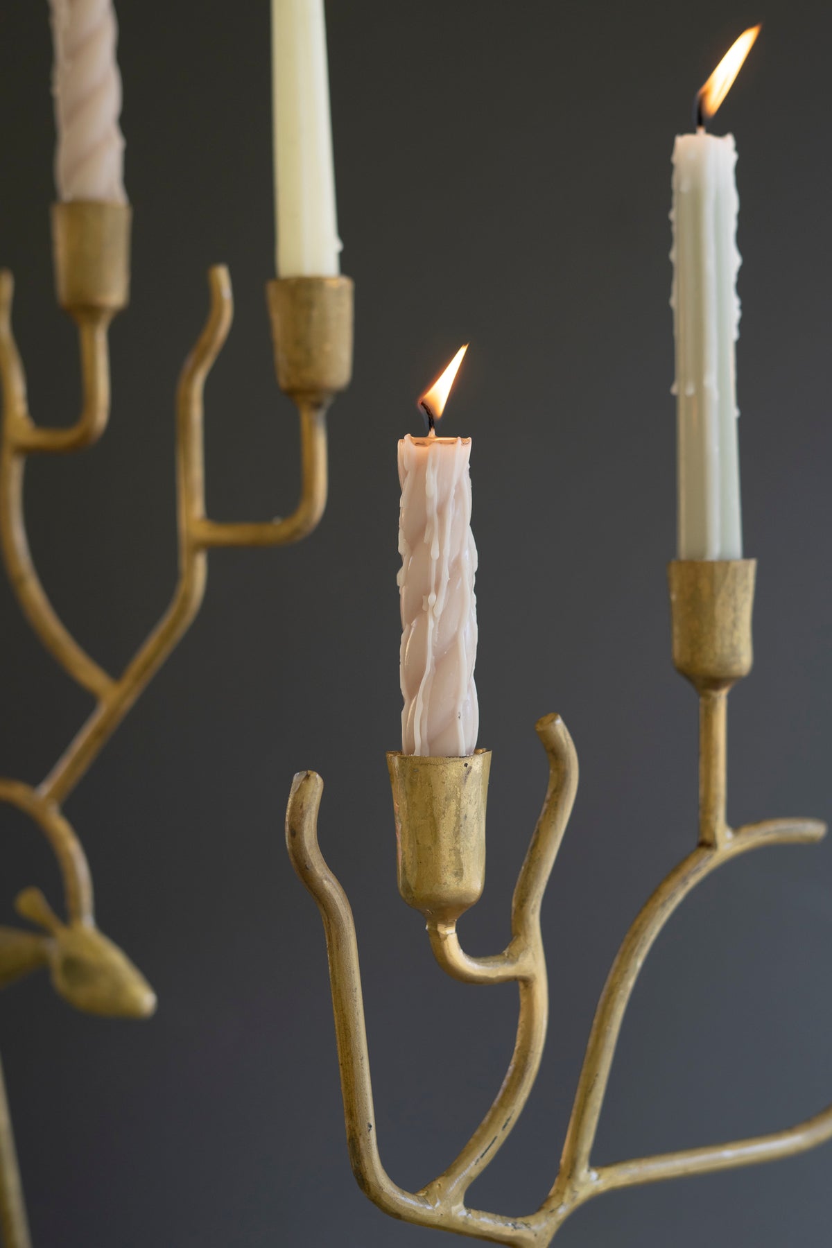 Set of Two Antique Gold Forged Christmas Deer Candelabras