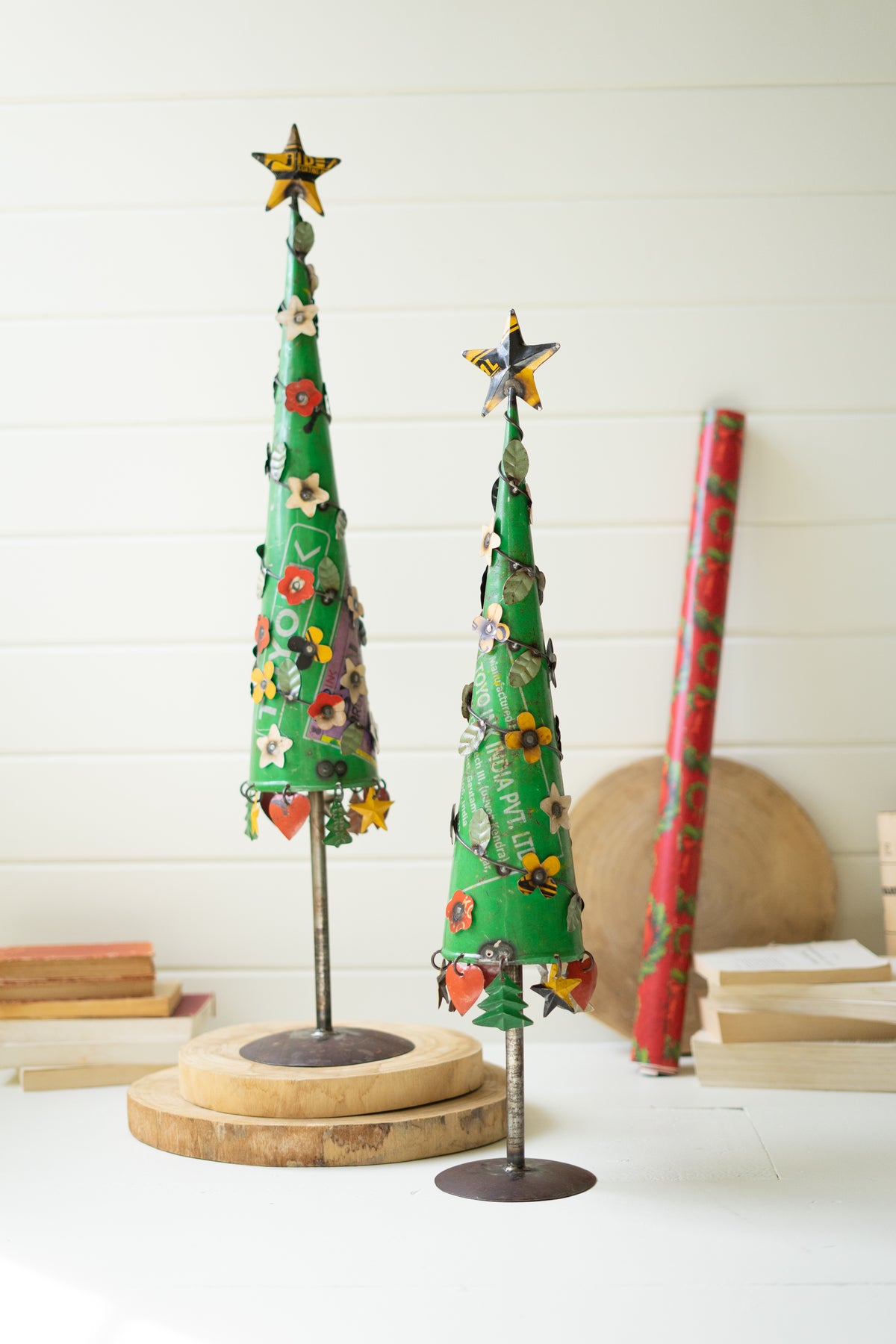 Set of Two Recycled Metal Christmas Trees