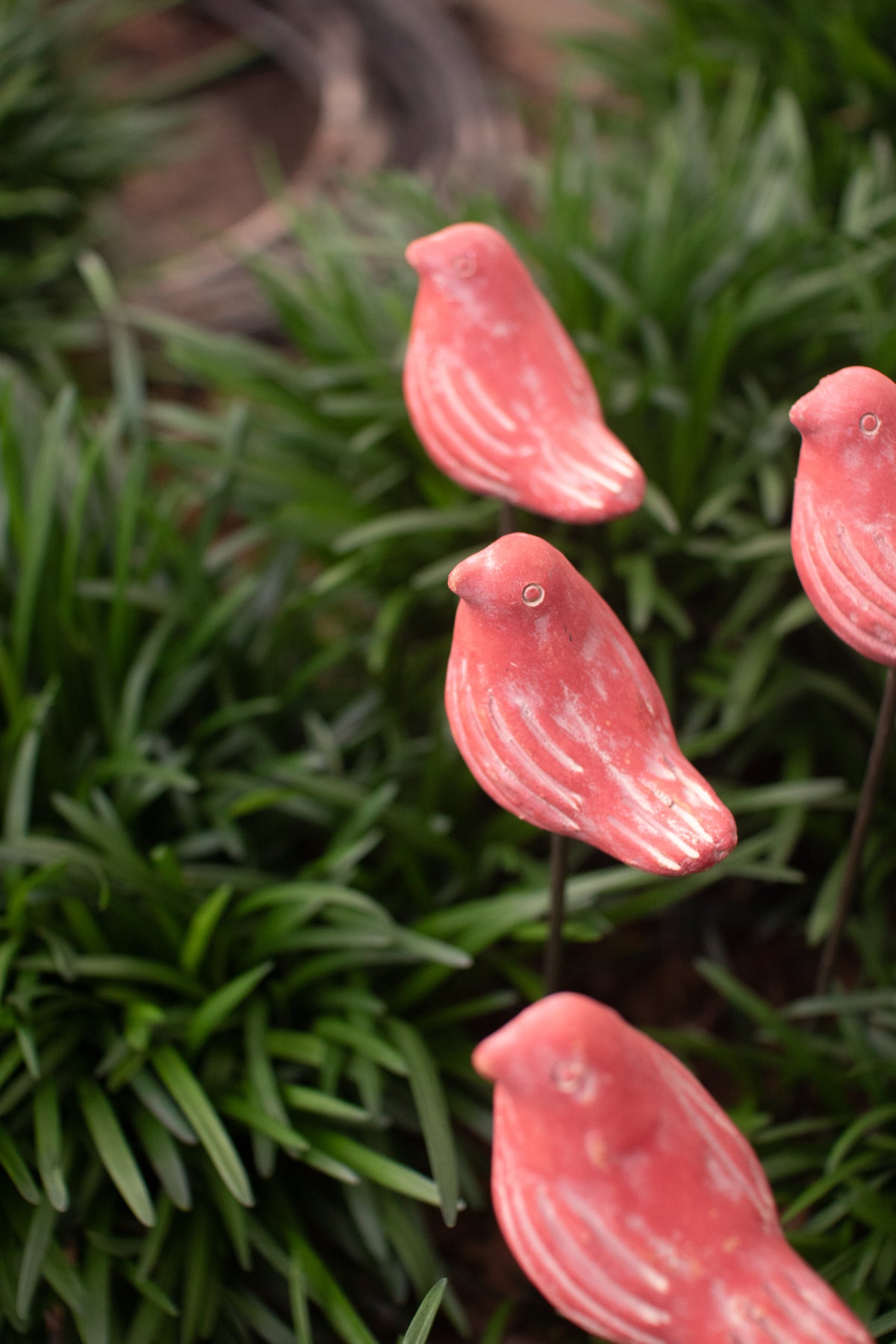 Set of Six Clay Red Bird Plant Stakes