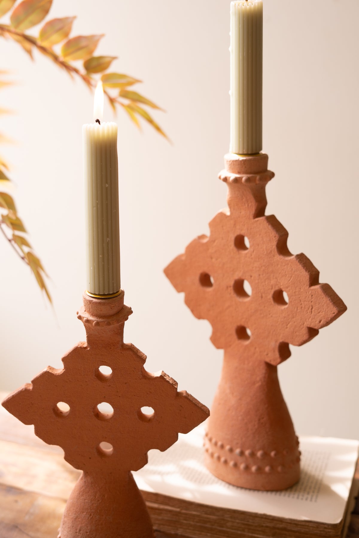 Set of Two Terracotta Taper Candle Holders