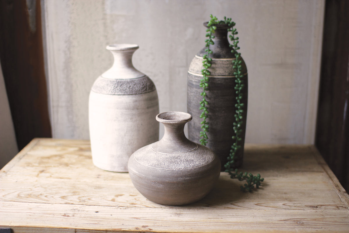 Set of Three Black Grey and White Clay Vessels