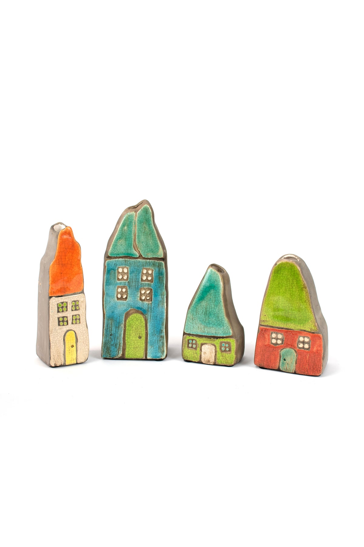 Set of Four Colorful Ceramic House Bud Vases