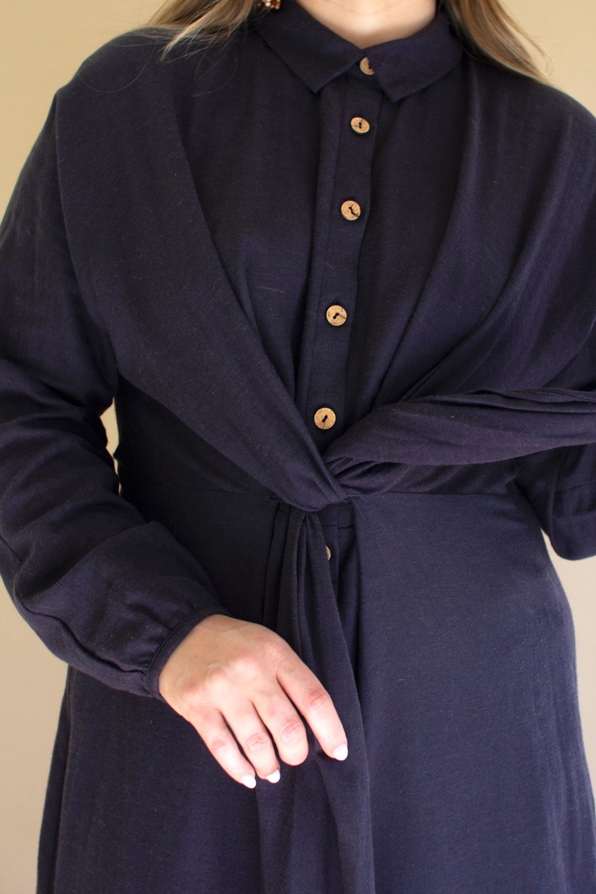 Long-Sleeve Buttondown Dress with Front-Tie - Midnight