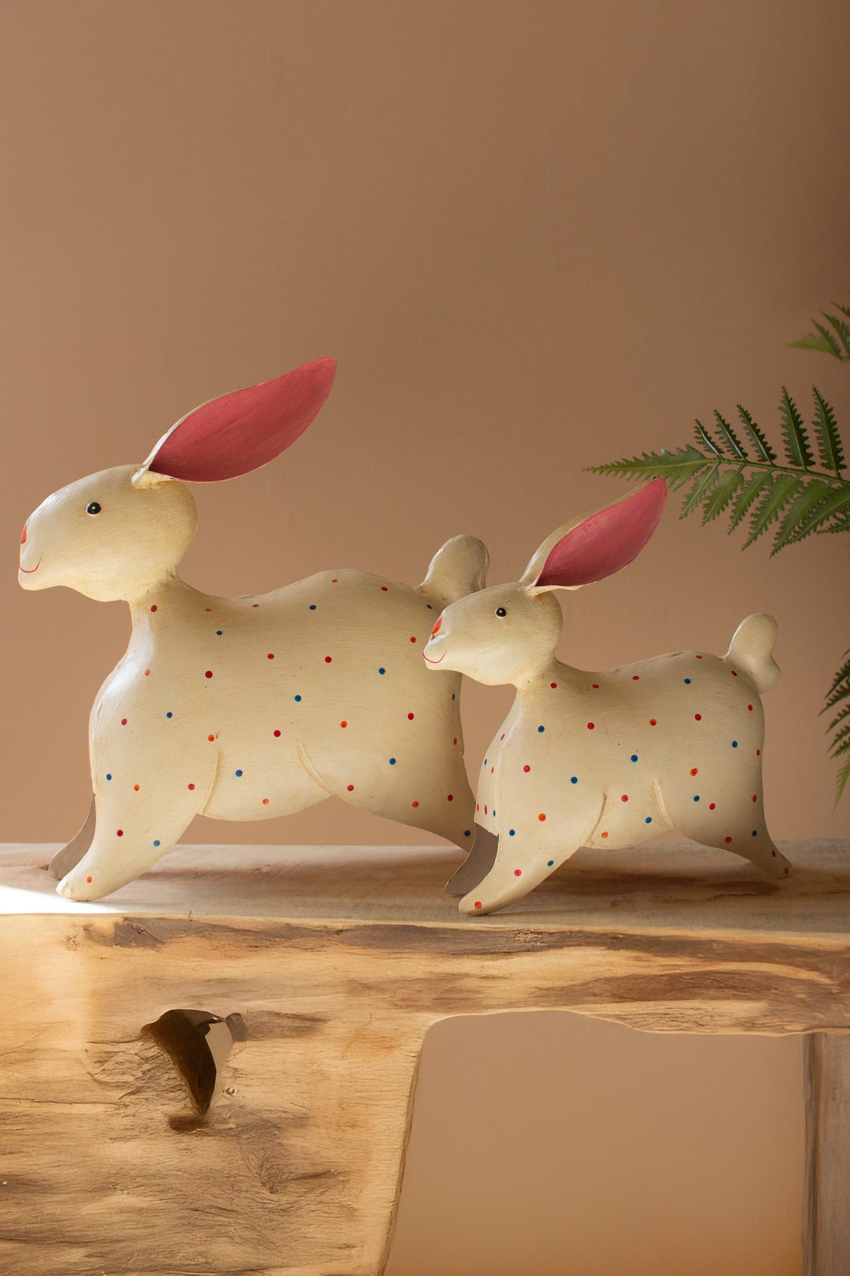 Set of Two Painted Iron Rabbits with Polka Dots