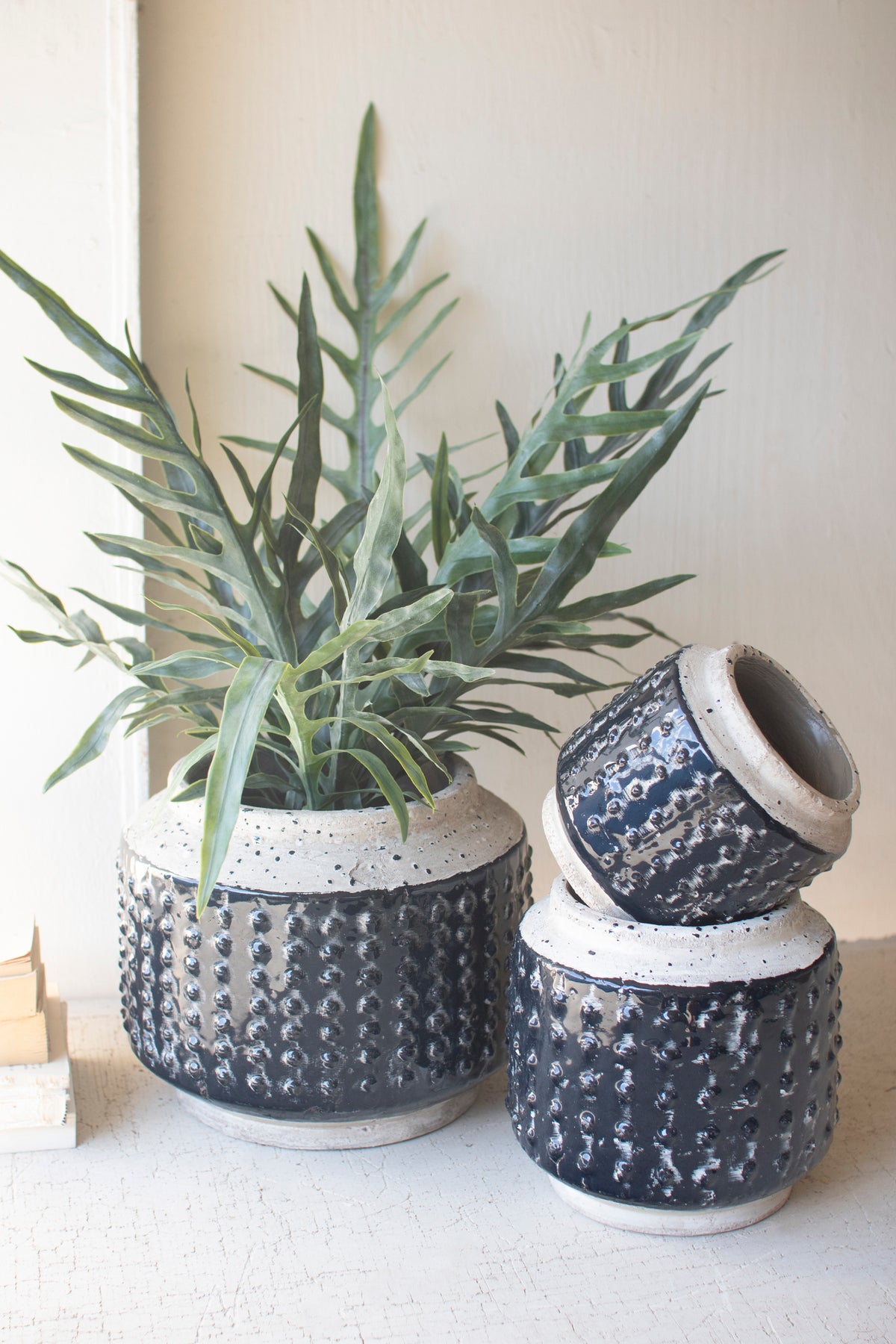 Set of Three Dark Blue Knobby Ceramic Pots