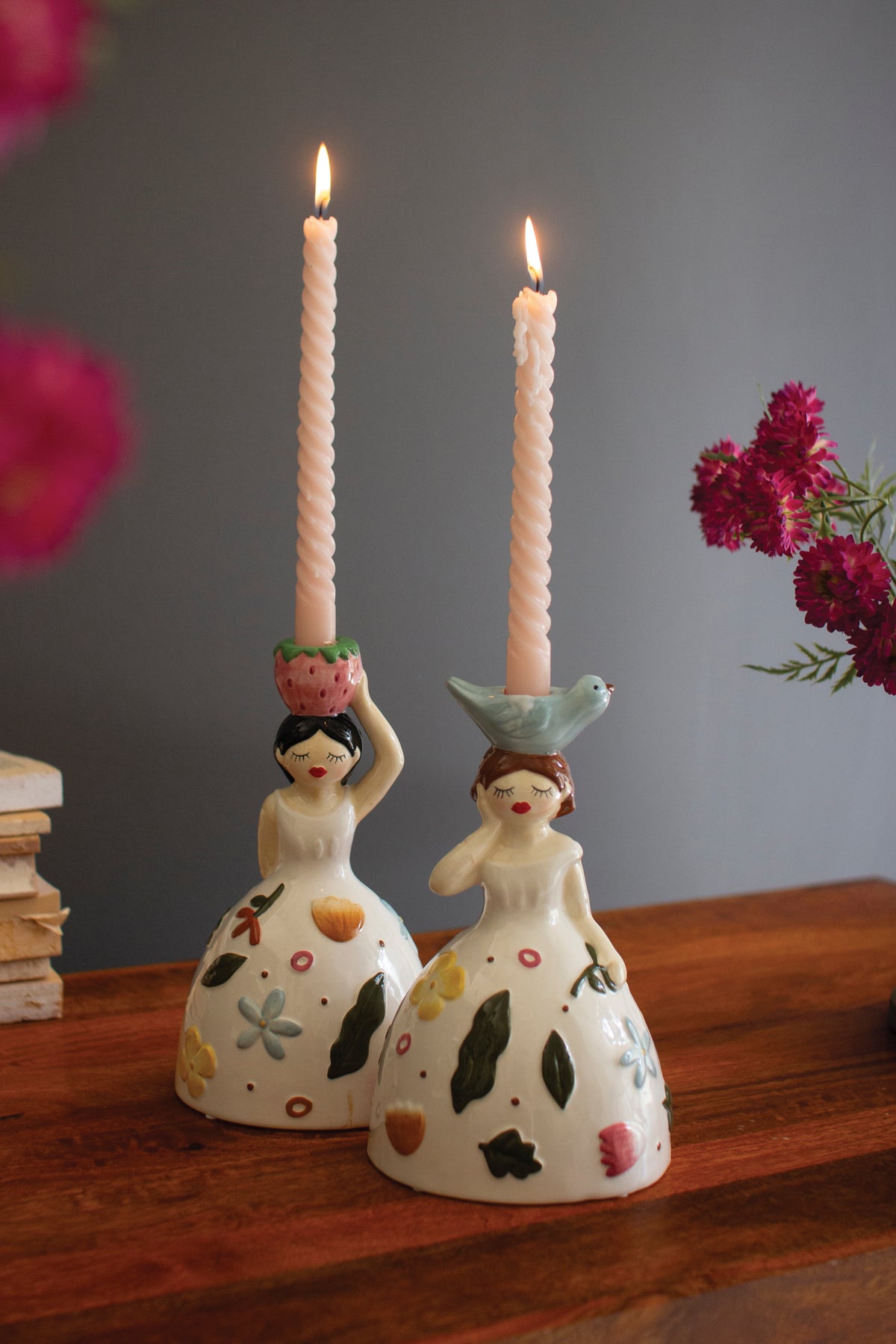 Set of Two Ceramic Girl Taper Candle Holders
