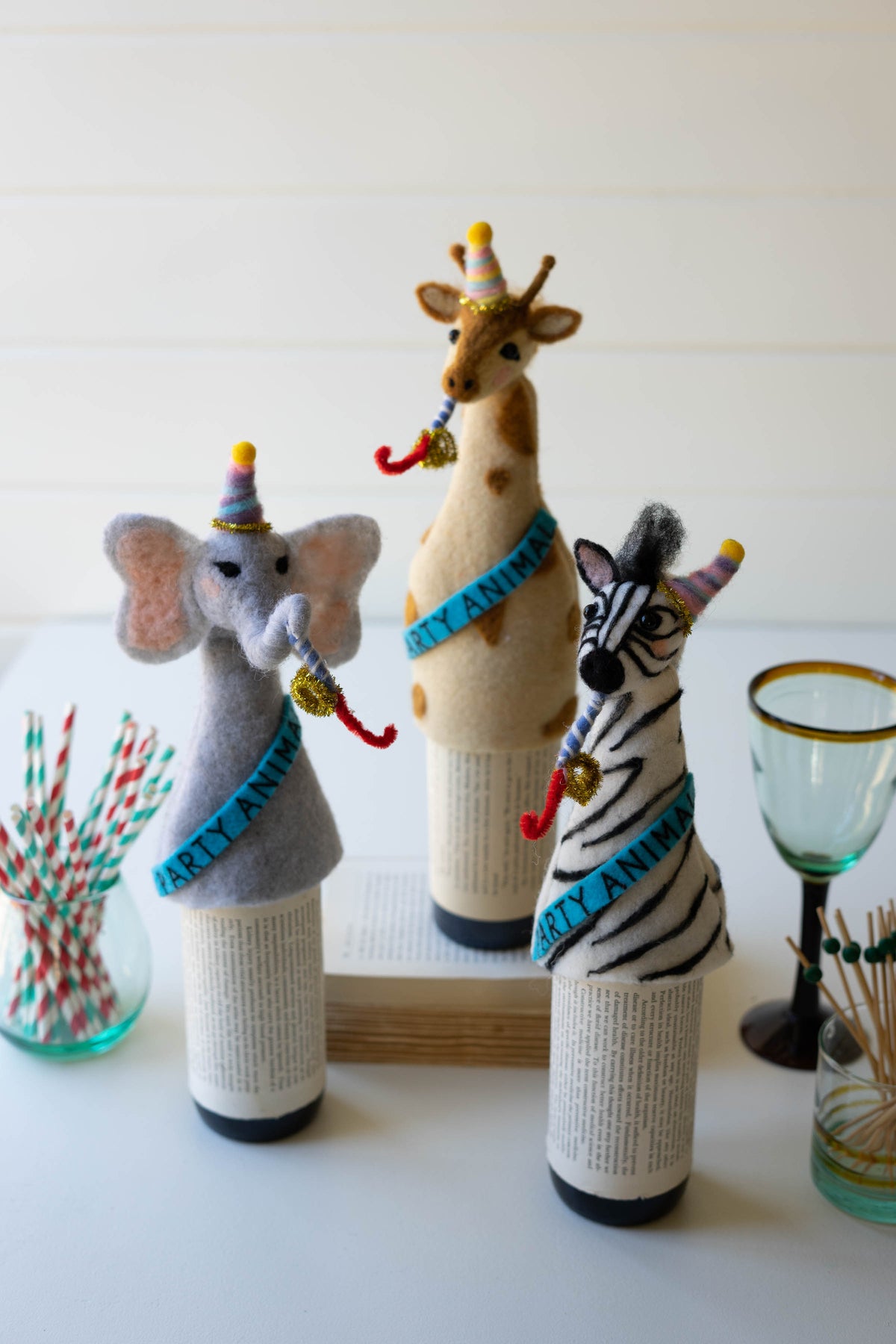 Set of Three Felt Party Animal Bottle Toppers - One Each Design
