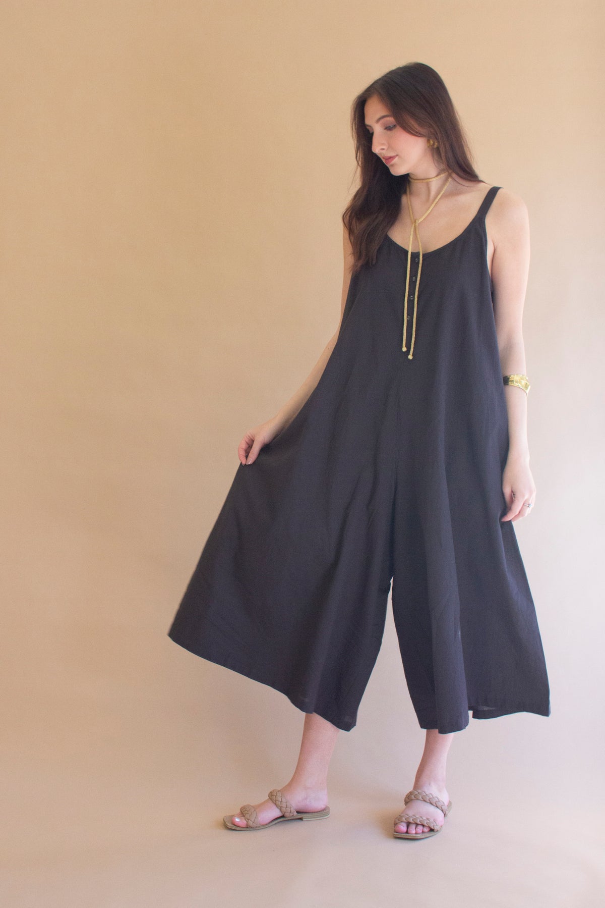 Adjustable Strap Flowy Jumper with Button Detail - Midnight