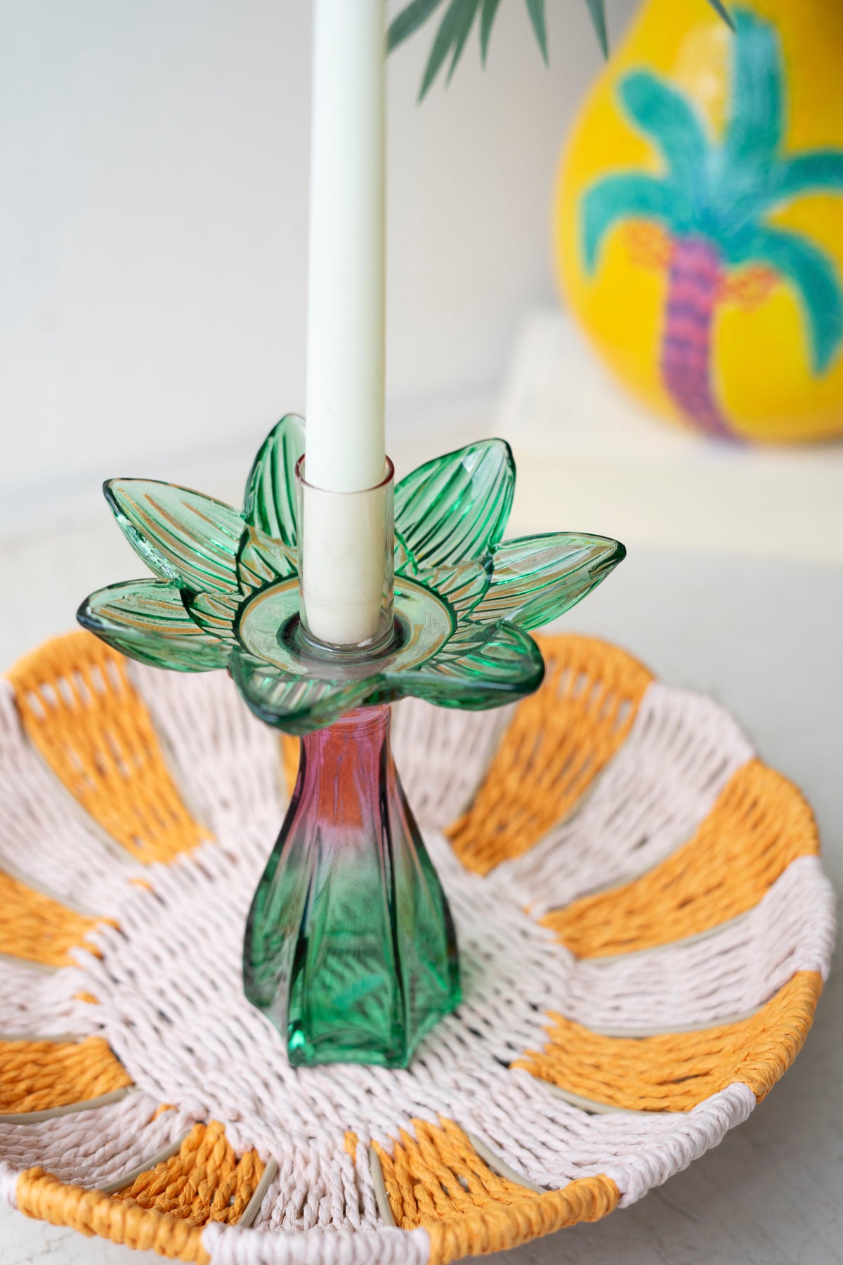 Set of Two Colored Glass Flower Taper Candle Holders