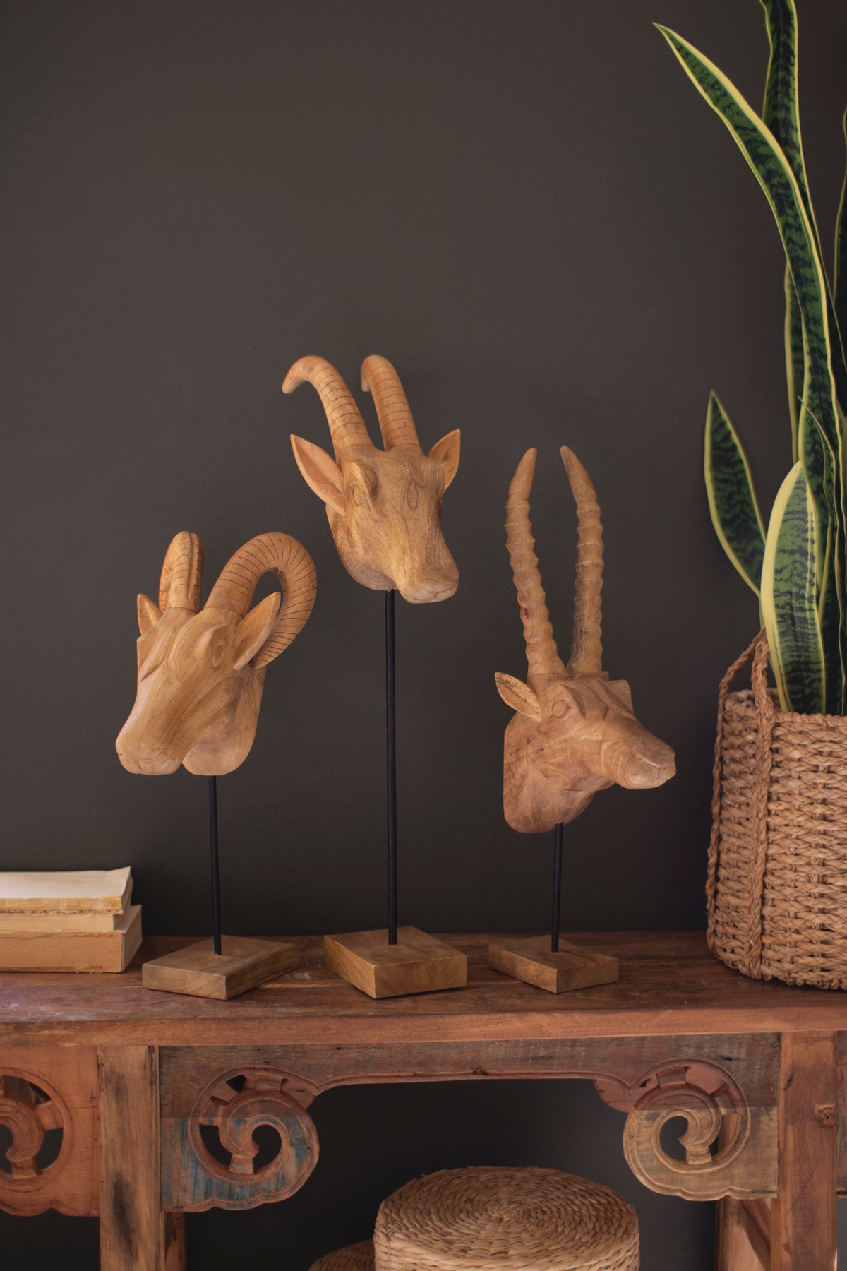 Set of Three Carved Mango Wood African Animal Heads
