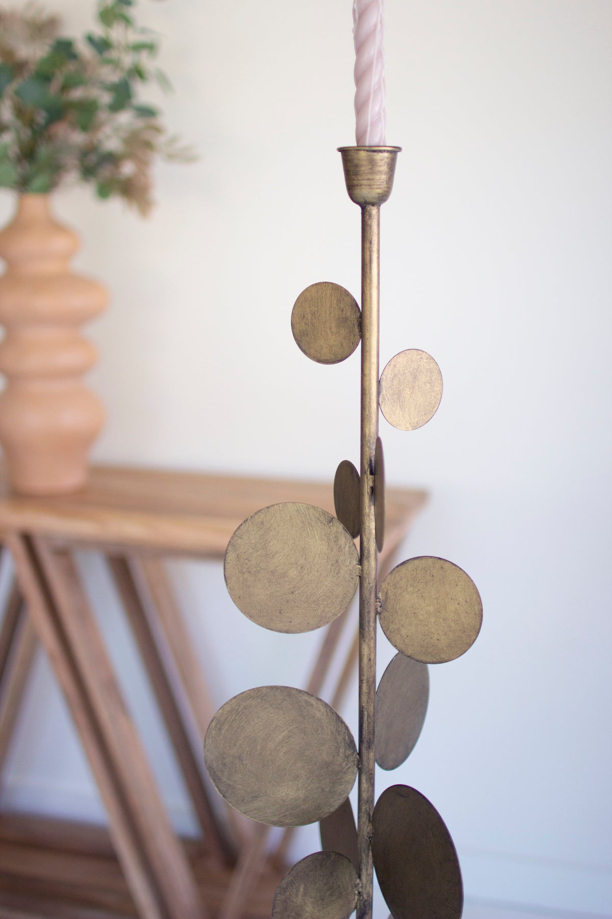 Set of Two Antique Brass Candle Holders with Round Discs Detail