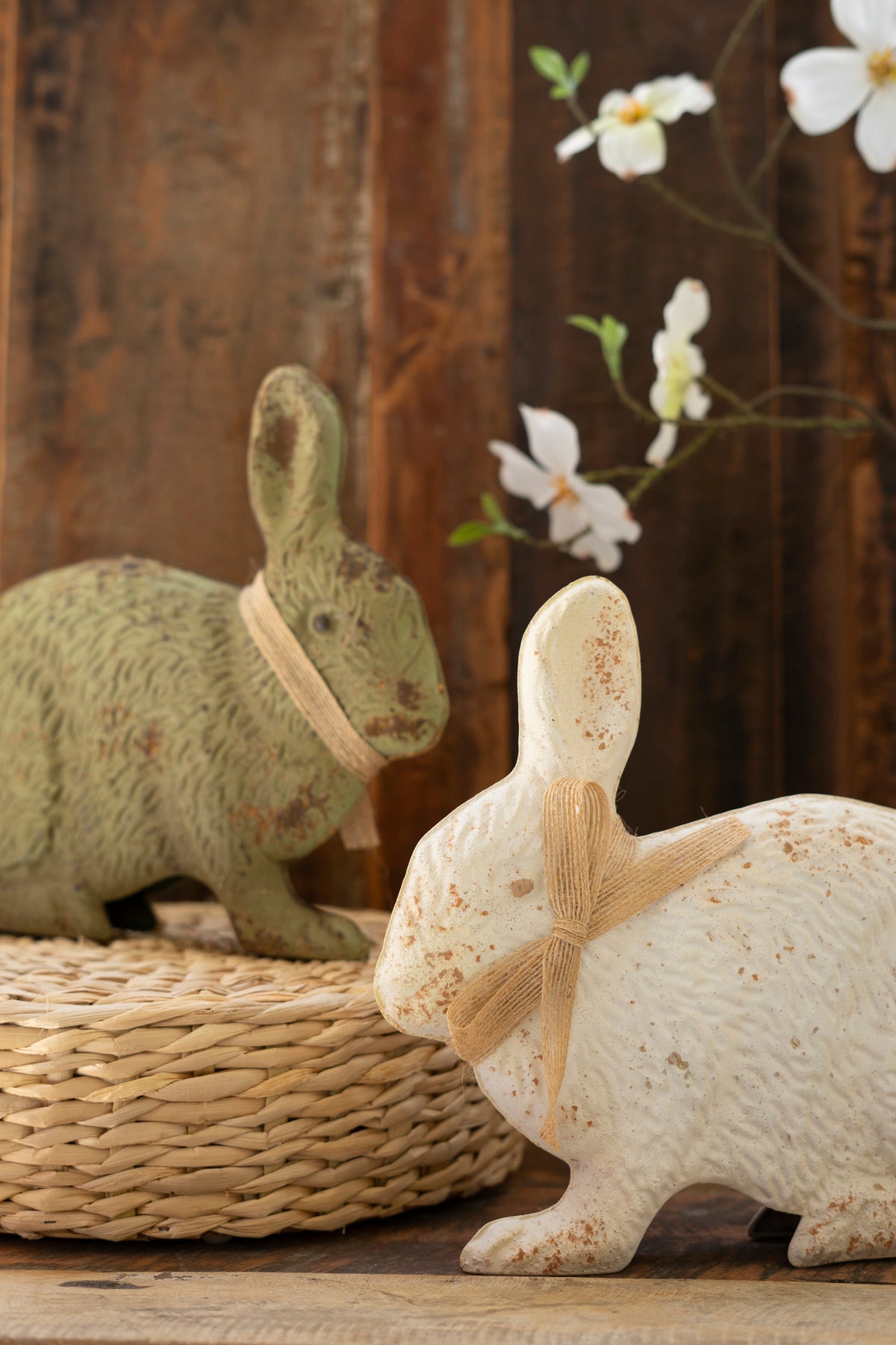 Set of Two Painted Metal Rabbits - Green and White