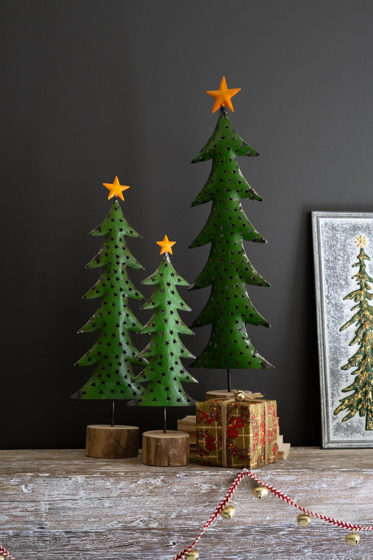 Set of Three Recycled Metal Christmas Trees on Wood Bases