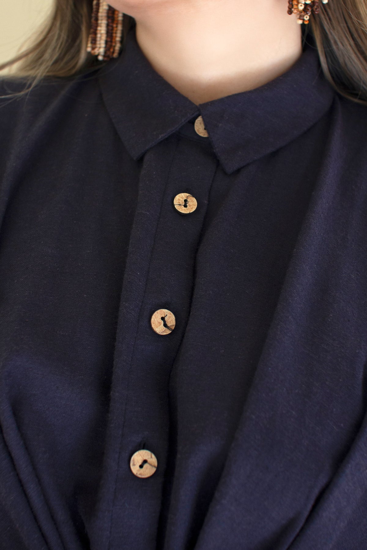 Long-Sleeve Buttondown Dress with Front-Tie - Midnight