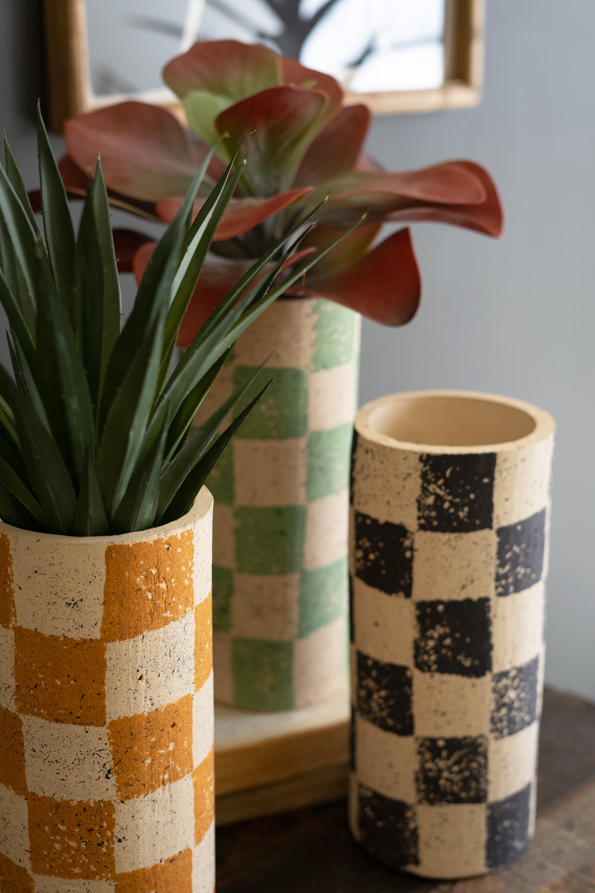 Set of Three Checkered Clay Cylinder Vases
