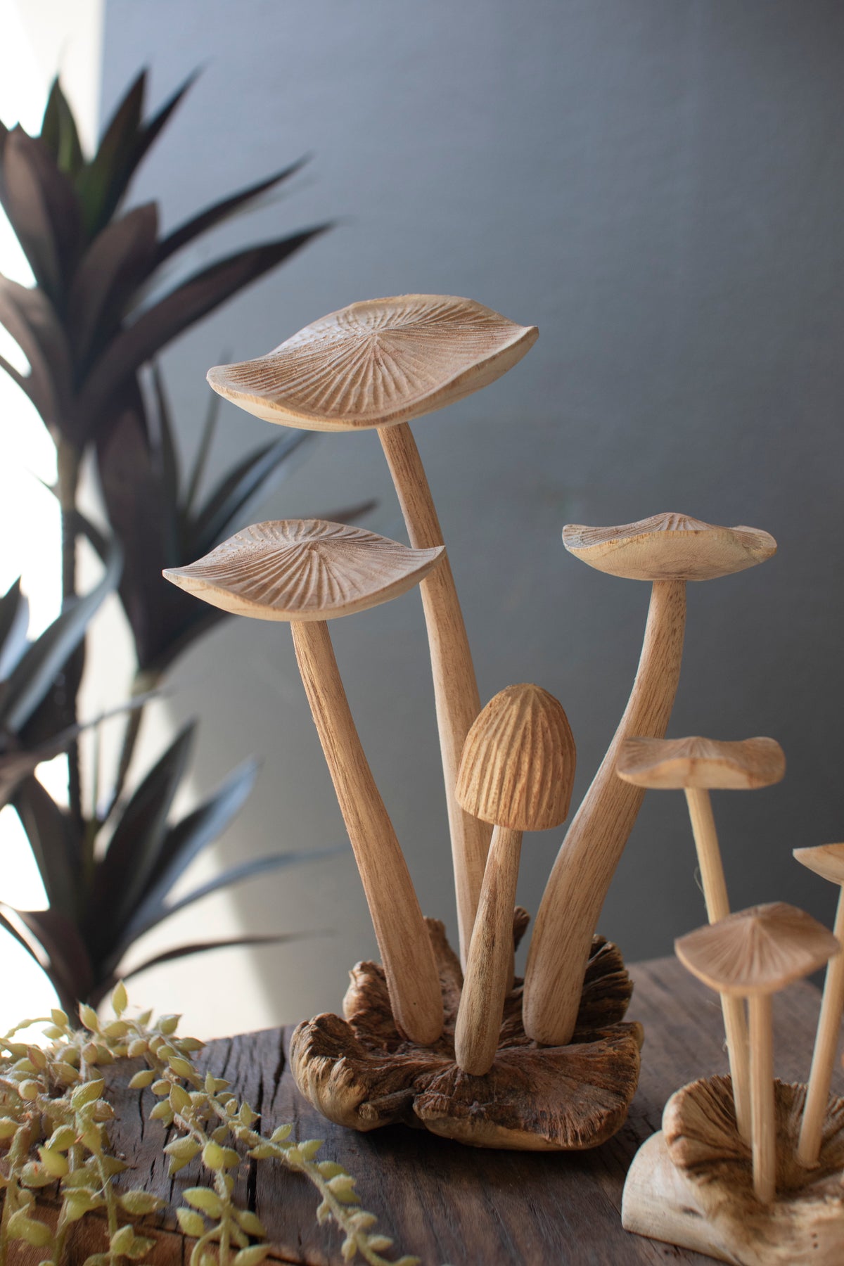 Set of Two Hand-Carved Teak Wood Mushroom Clusters