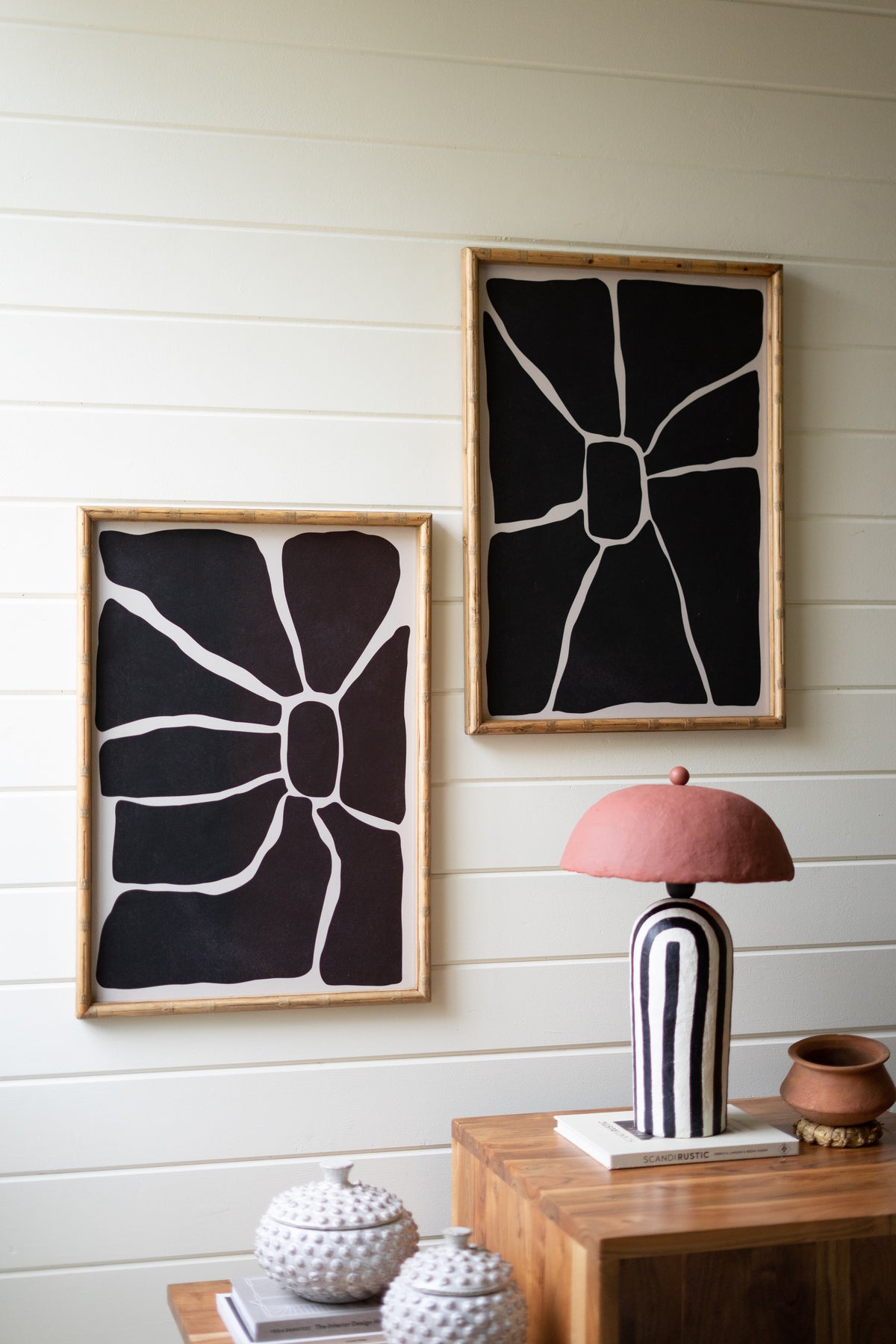 Set of Two Black & White Framed Abstract Prints Under Glass