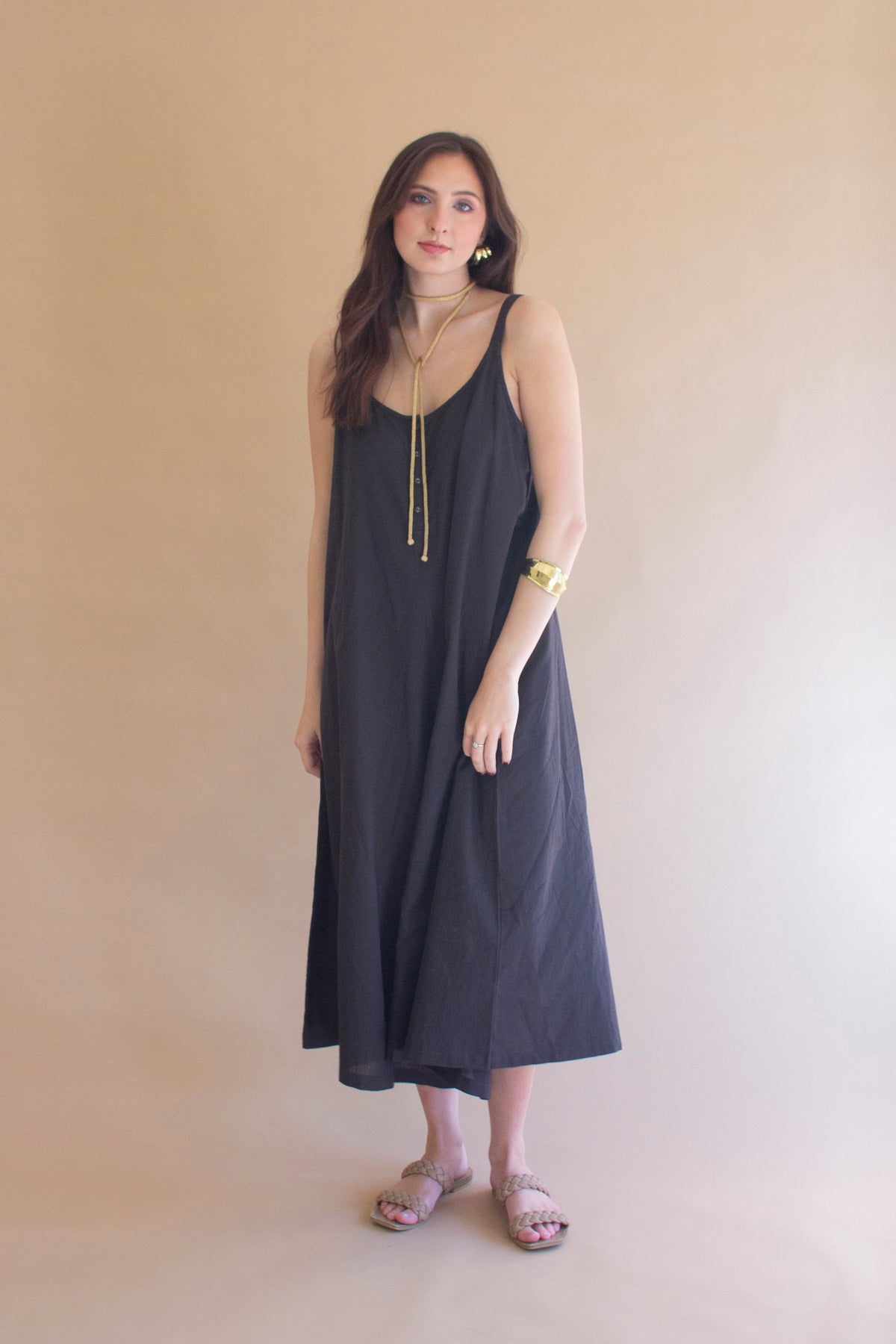 Adjustable Strap Flowy Jumper with Button Detail - Midnight