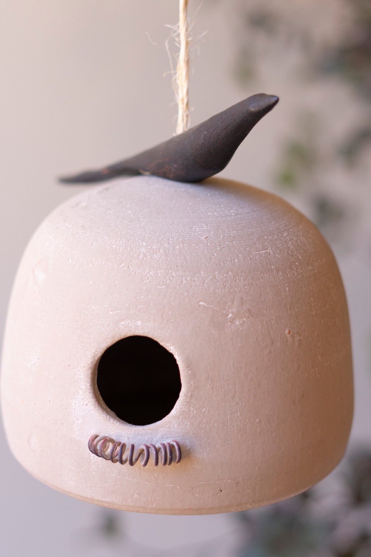 Hanging Clay Birdhouse with Carved Wooden Bird Detail