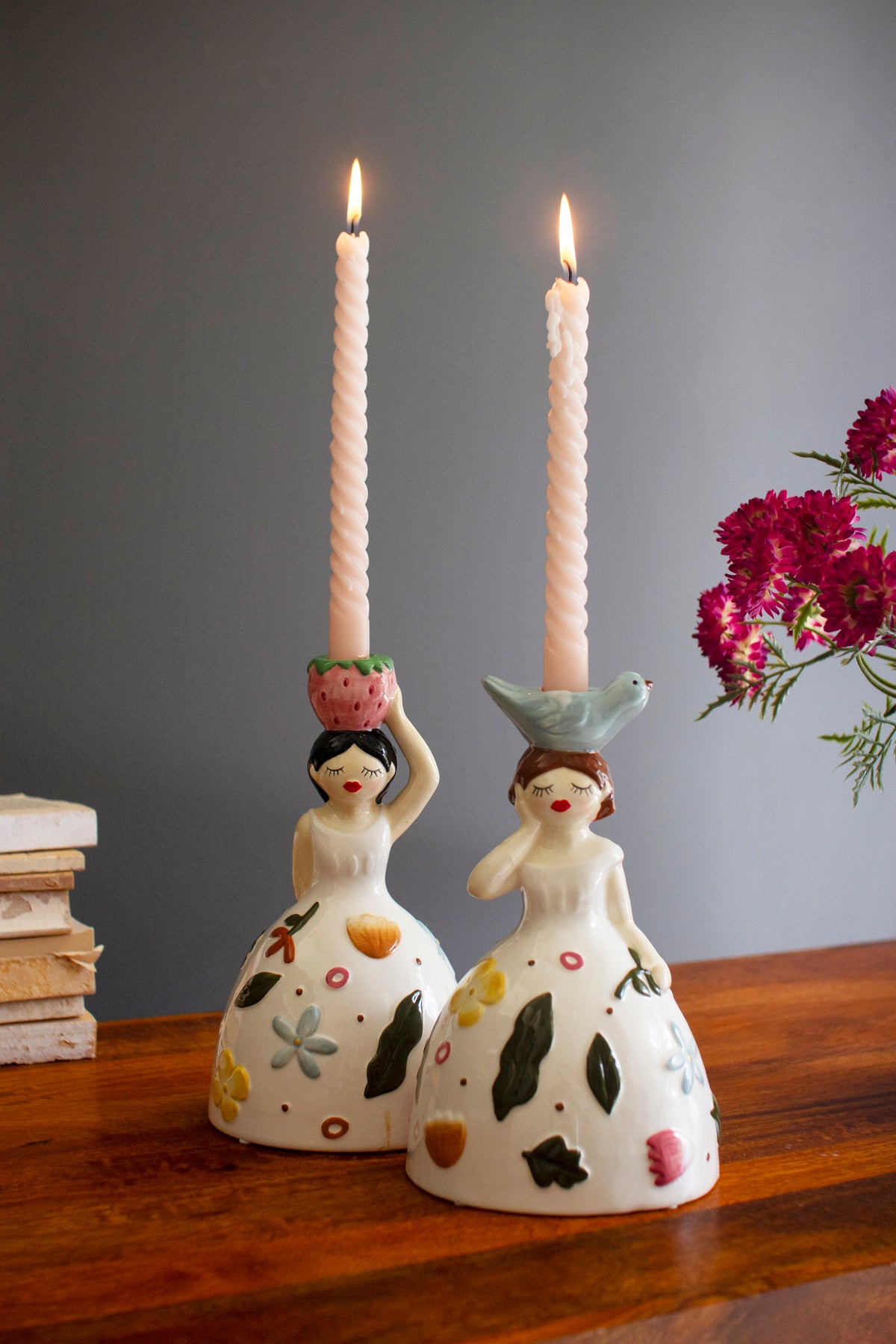 Set of Two Ceramic Girl Taper Candle Holders