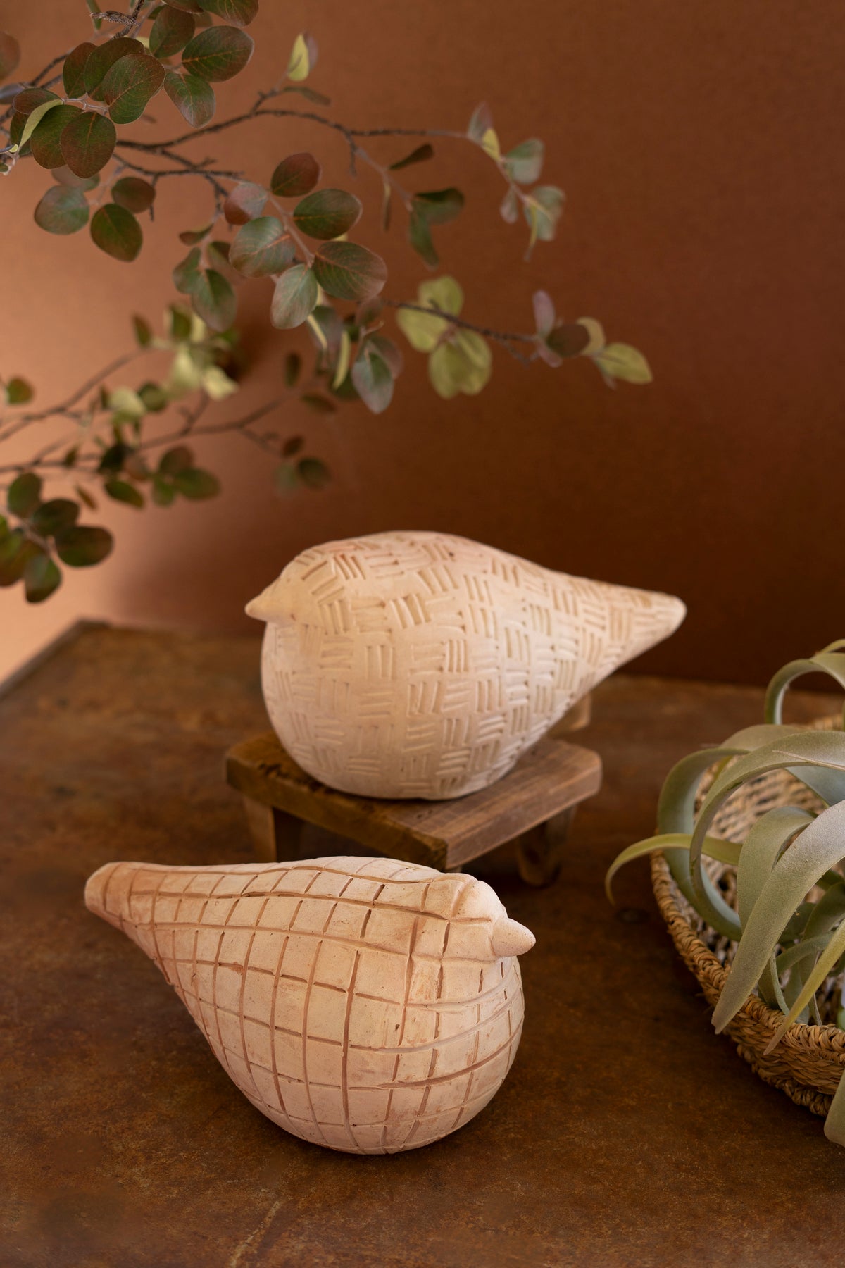 Set of Two Terracotta Birds