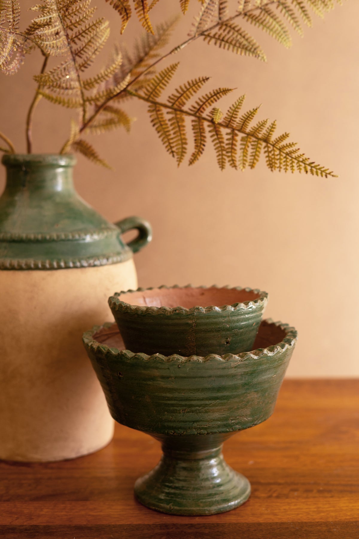 Set of Two Clay Compotes - Green and Terracotta