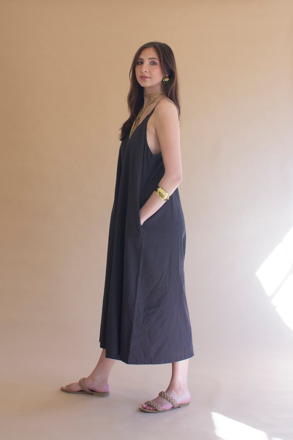 Adjustable Strap Flowy Jumper with Button Detail - Midnight