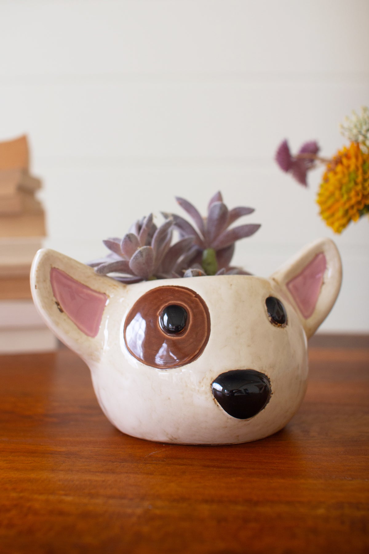 Set of Two Ceramic Black and White Dog Head Planters