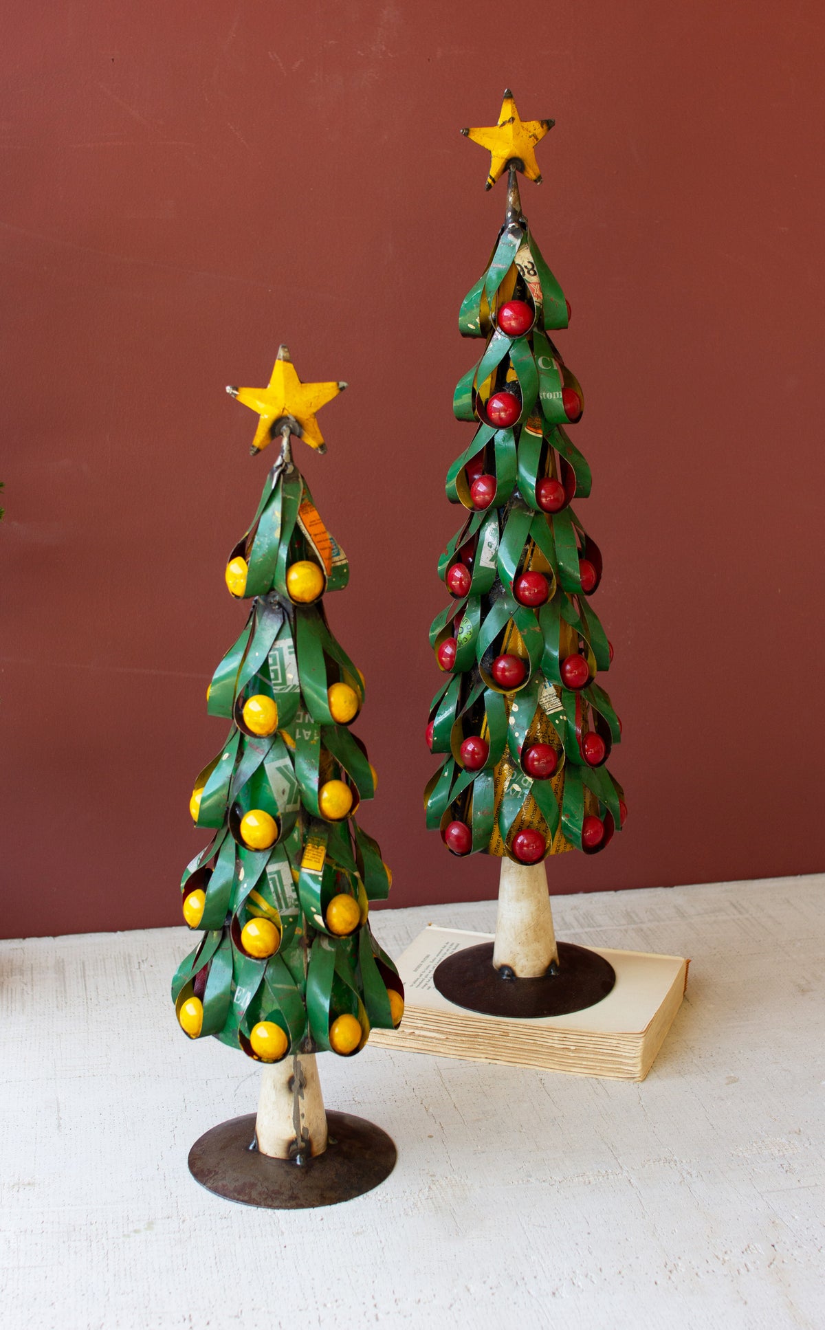 Set of Two Recycled Metal Christmas Trees W Apples & Lemons