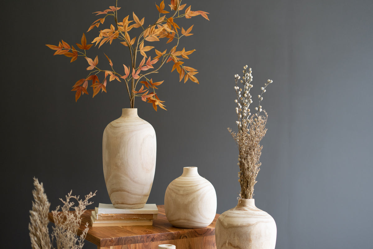 Set of Five Carved Wooden Bulb Vases - One Each Design