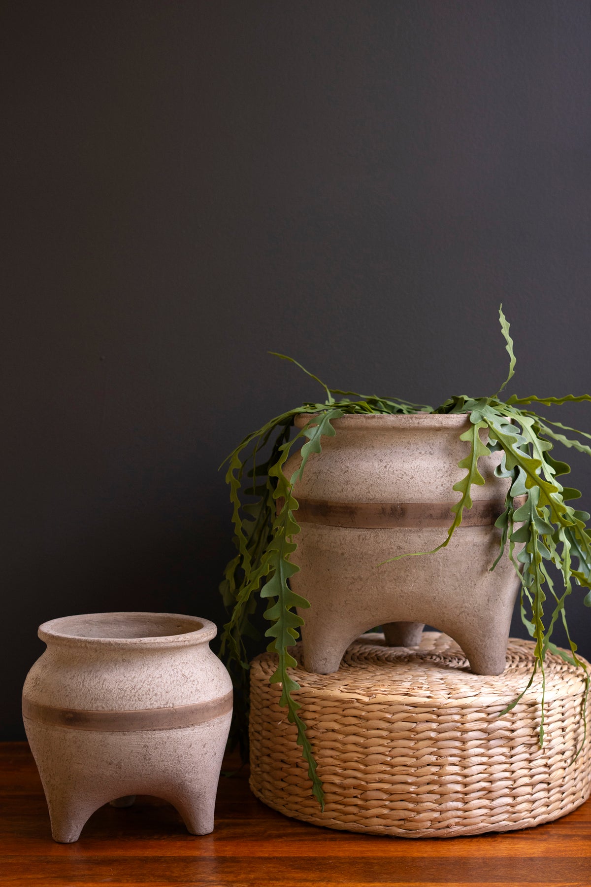 Set of Two Terracotta Planters with Horizontal Brown Stripe