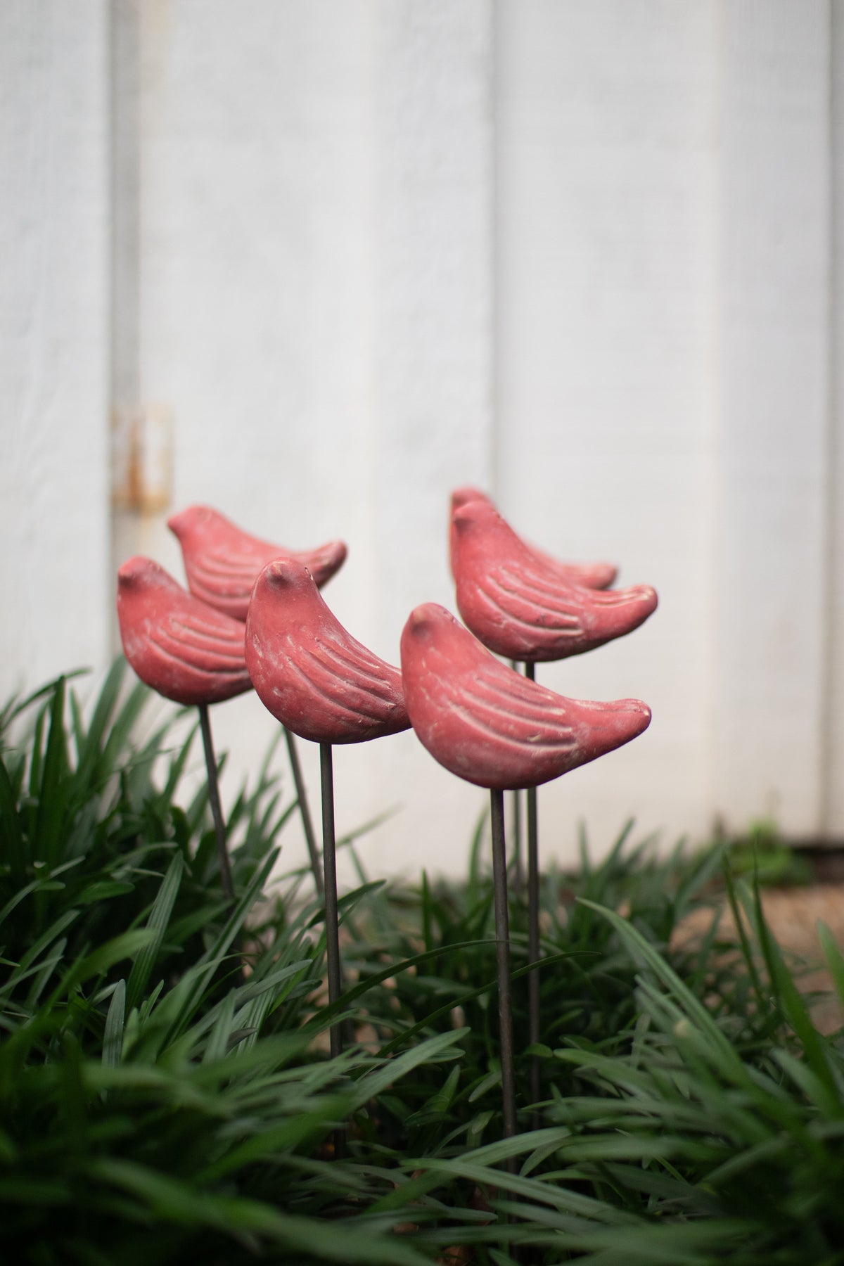 Set of Six Clay Red Bird Plant Stakes