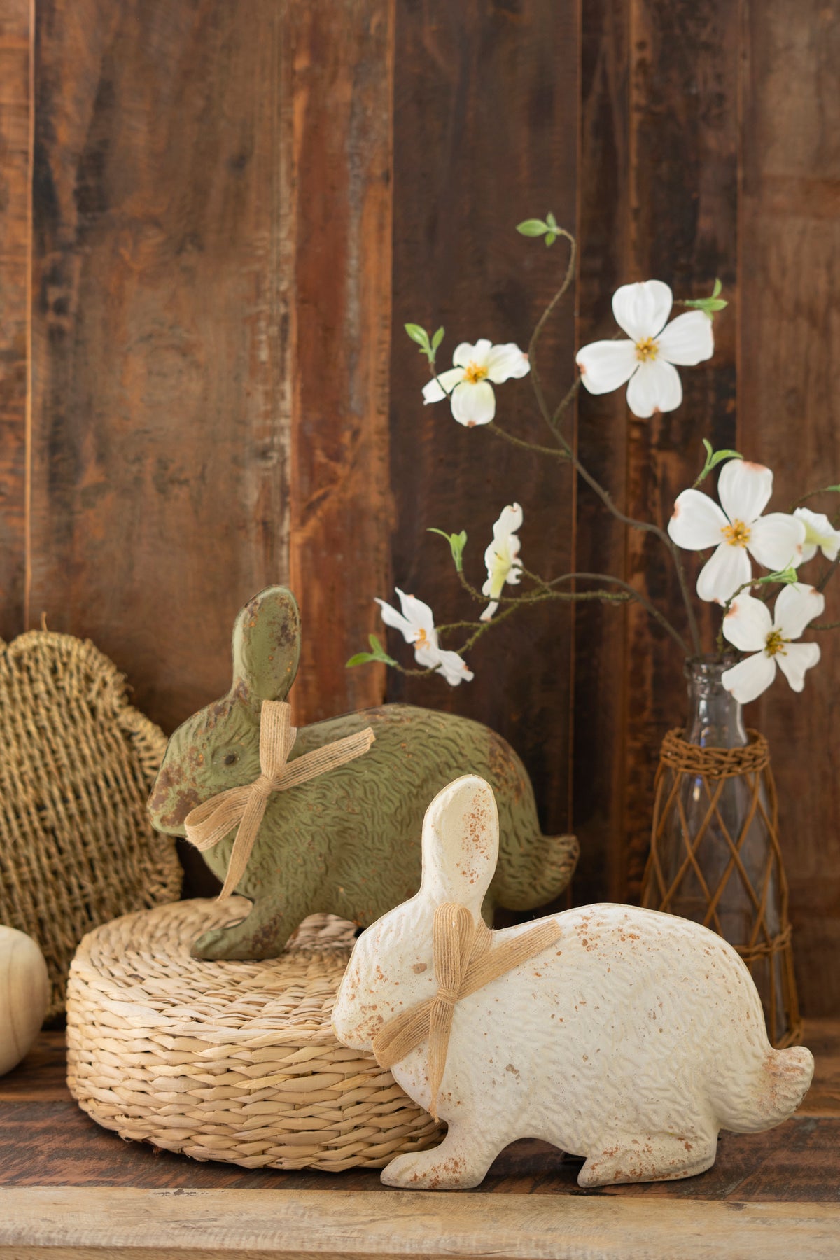 Set of Two Painted Metal Rabbits - Green and White