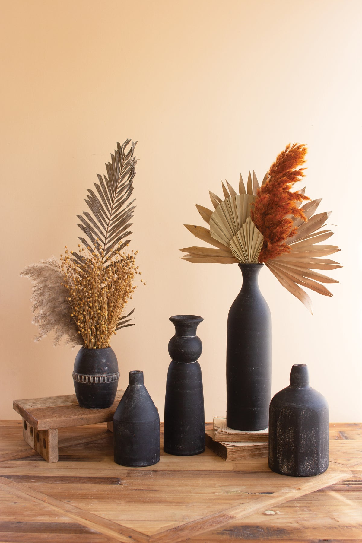 Set of Five Modern Black Clay Vases
