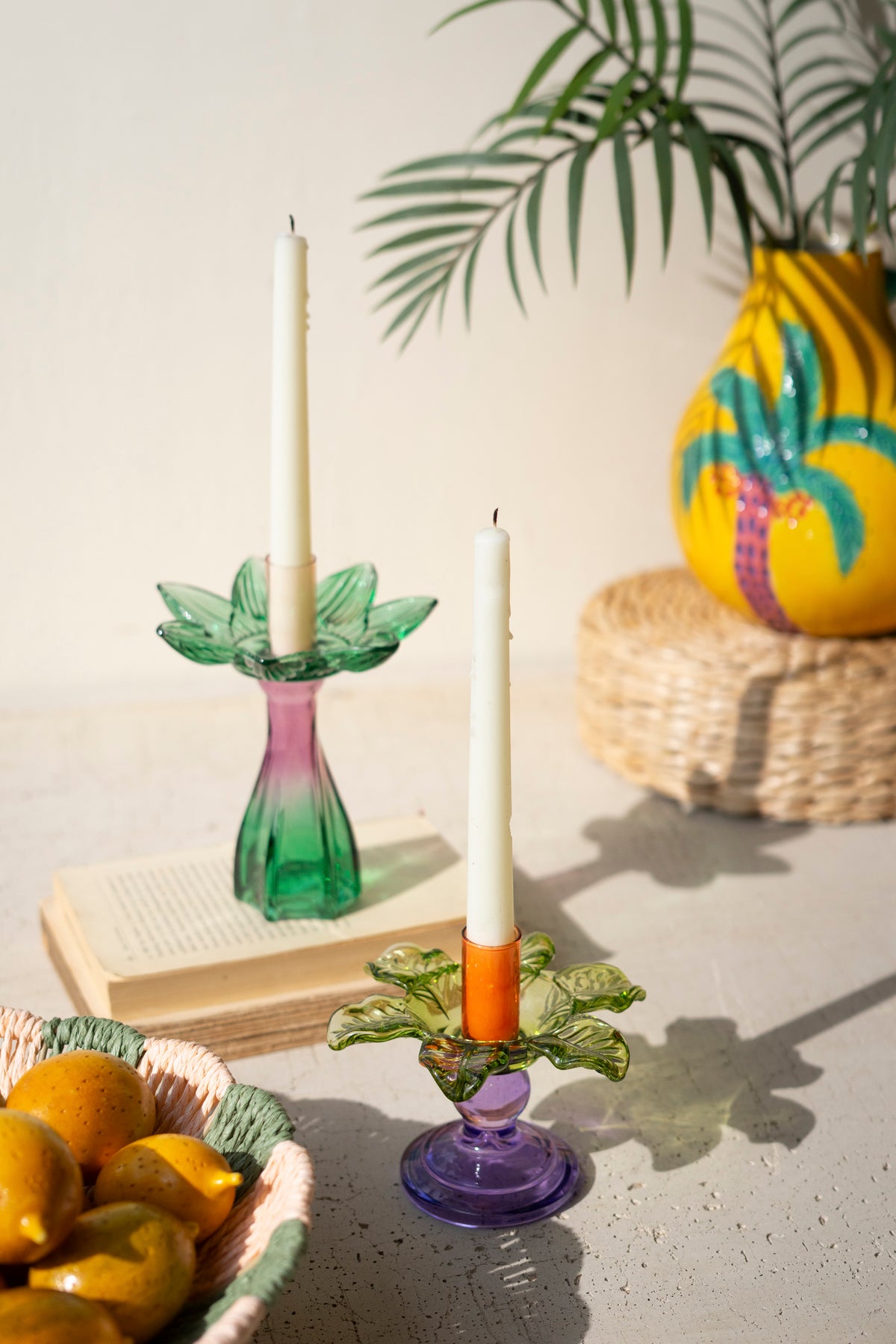Set of Two Colored Glass Flower Taper Candle Holders