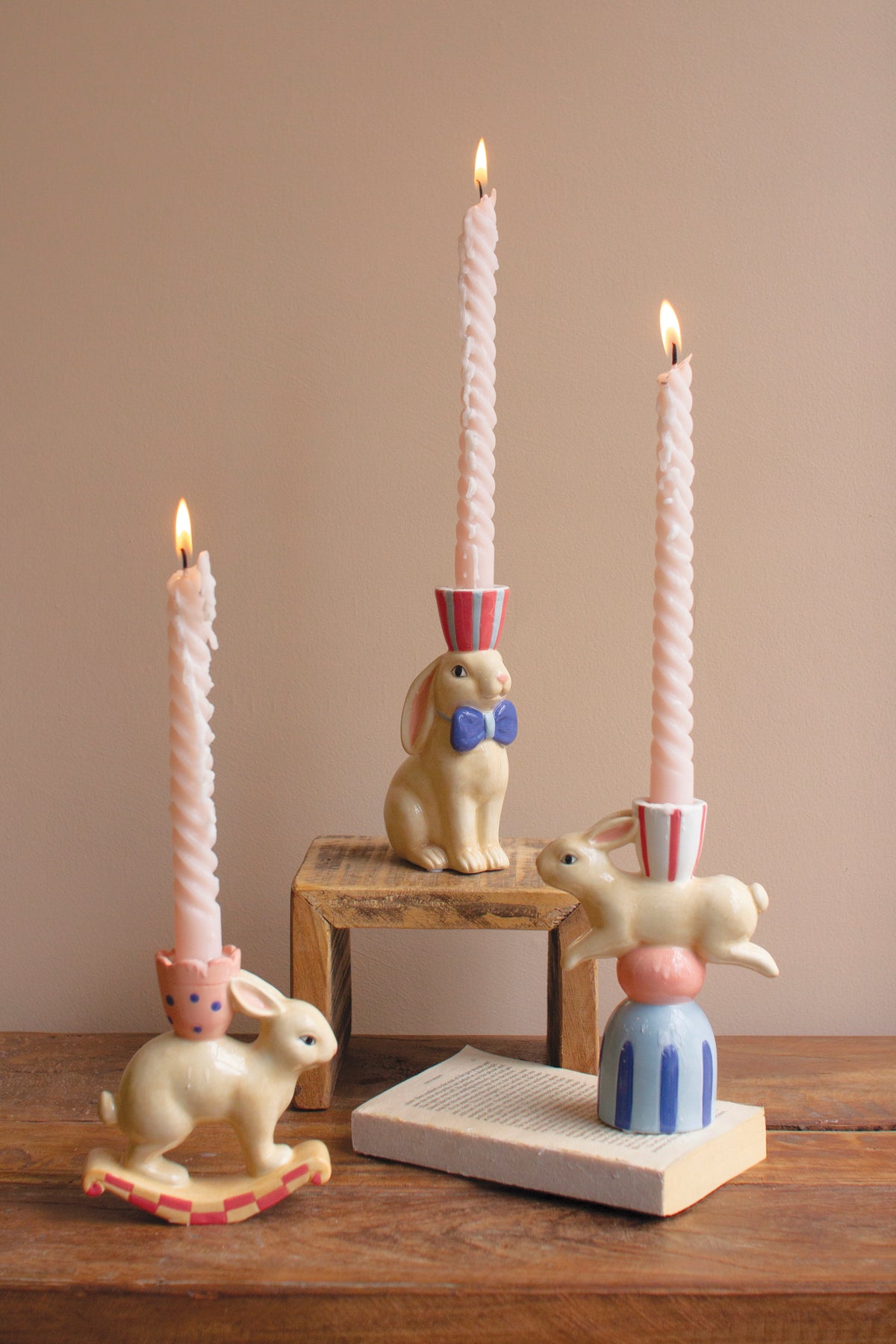 Set of Three Ceramic Easter Bunny Taper Candle Holders