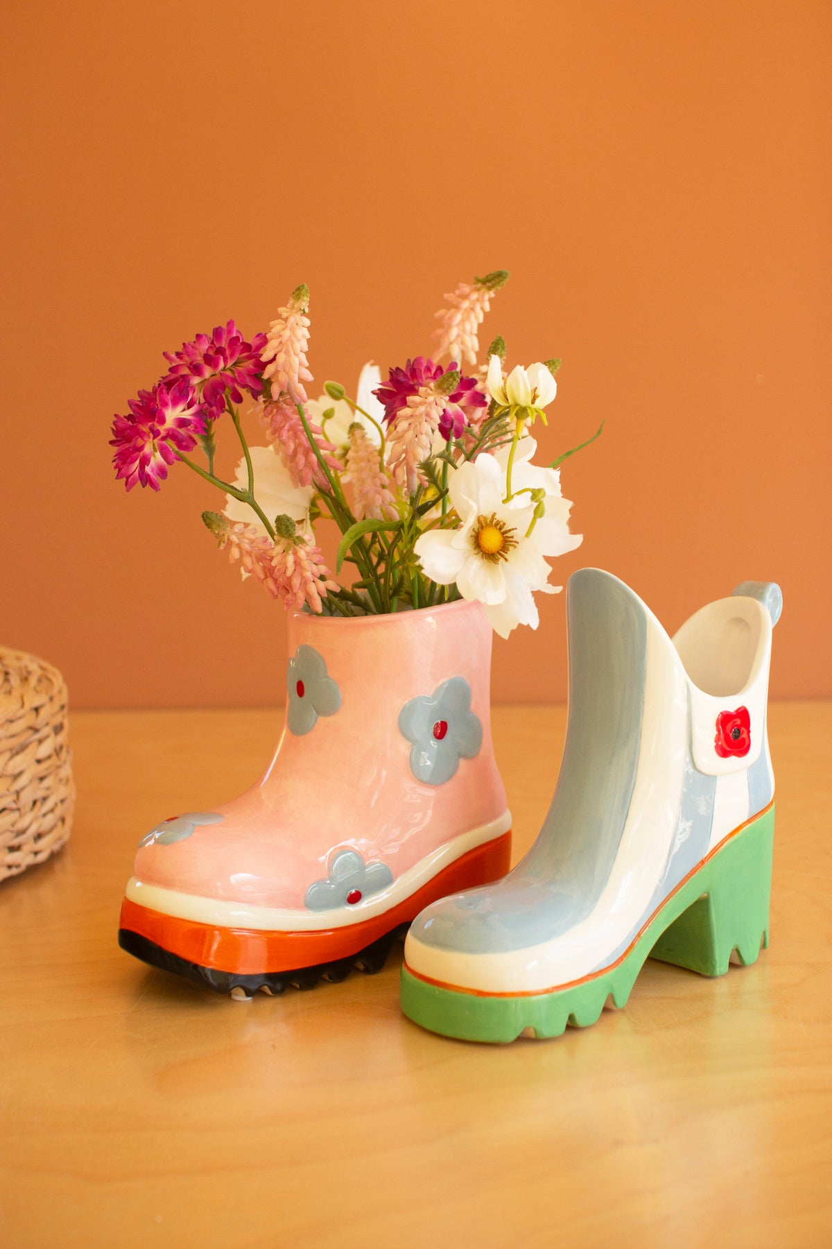 Set of Two Ceramic Colorful Rubber Boot Vases