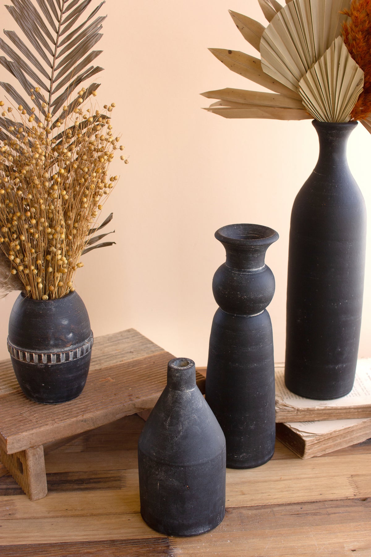 Set of Five Modern Black Clay Vases