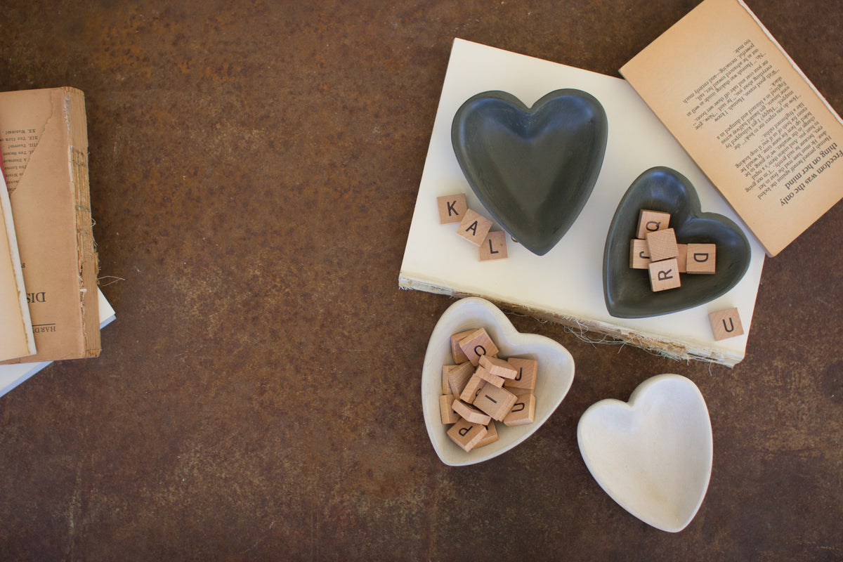 Hand-Carved Stone Heart Bowl - White