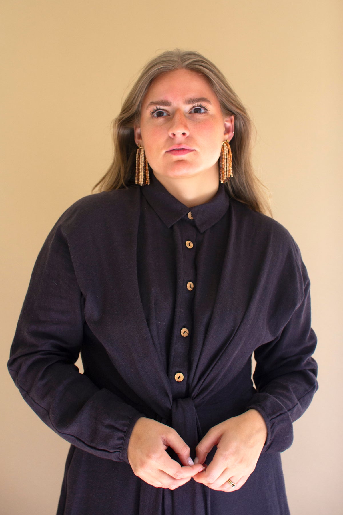 Long-Sleeve Buttondown Dress with Front-Tie - Midnight
